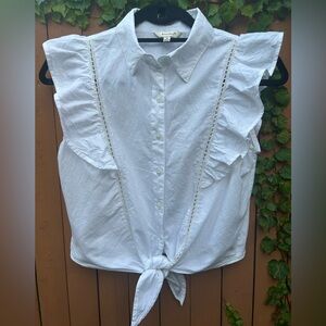 SIM & SAM NWOT Womens Button Up Collared Cotton Cropped Ruffle Blouse